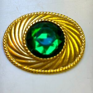 Ungaro Paris vintage 18kGP statement brooch~Giant faceted Emerald center crystal
